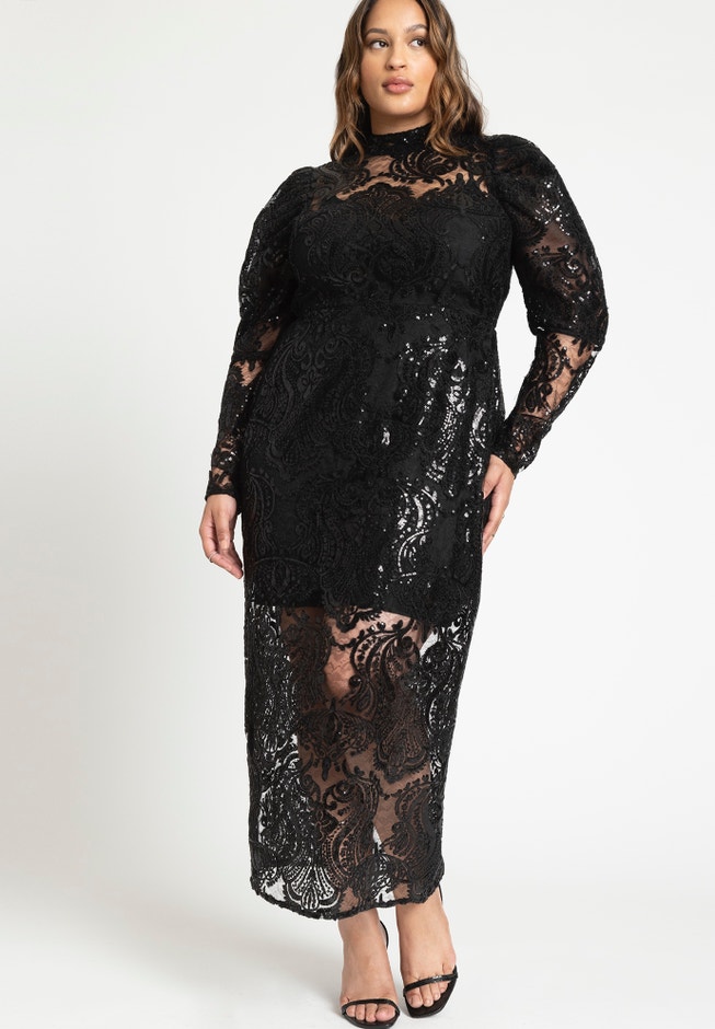 Embellished Lace Maxi Dress - Puff Sleeves, Black Onyx | ELOQUII Embellished Lace Maxi Dress - Puff Sleeves, Black Onyx | ELOQUII