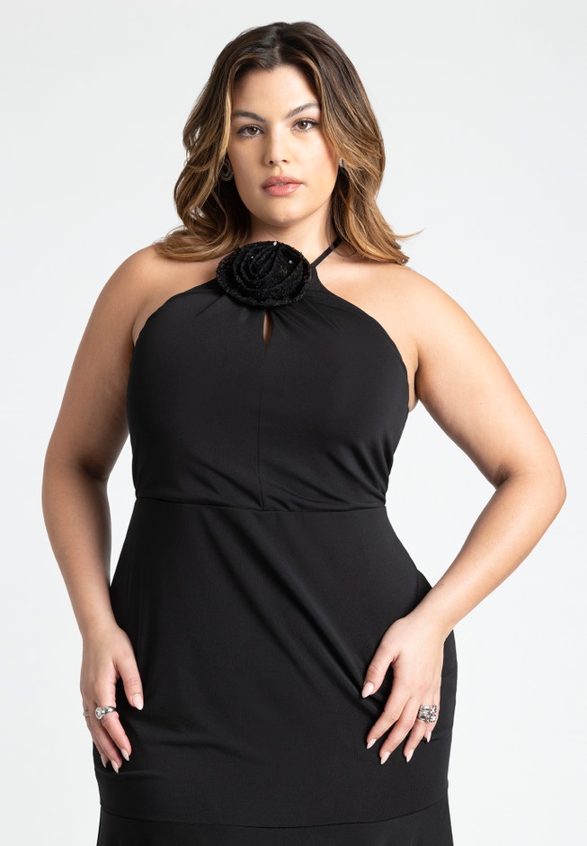 Rosette Halter Dress with Keyhole Neckline, Black Onyx | ELOQUII Rosette Halter Dress with Keyhole Neckline, Black Onyx | ELOQUII