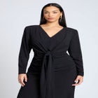 Shirred Strong Shoulder Tie Detail Dress image number null