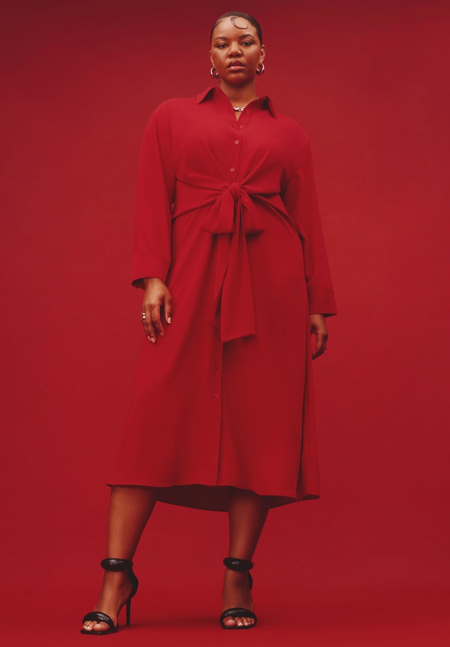 ELOQUII Women's Plus Size Tie Front Oversized Shirt Dress - Jet Stream ELOQUII Women's Plus Size Tie Front Oversized Shirt Dress - Jet Stream