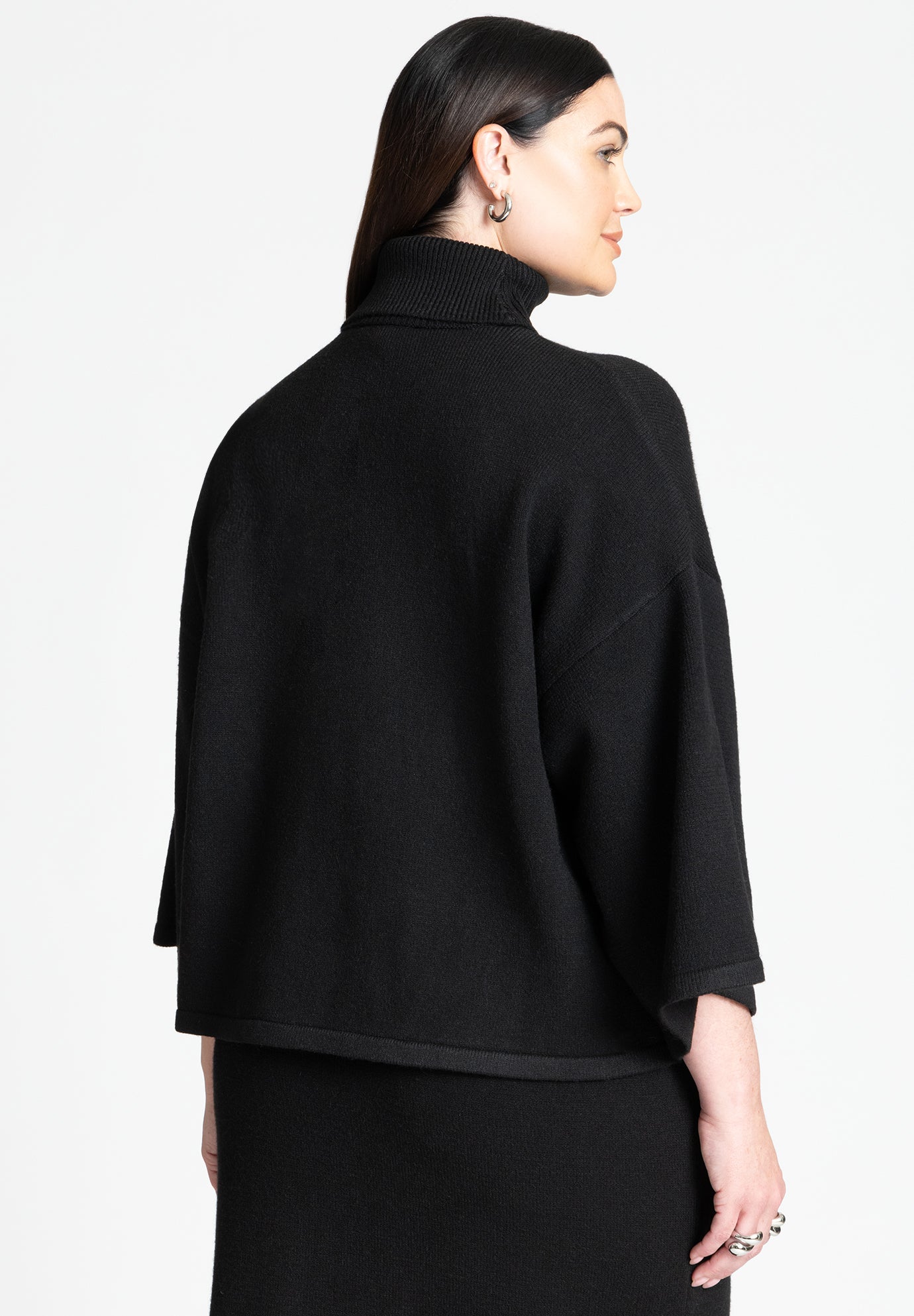 Boxy Turtleneck Sweater with Three Quarter Sleeves, Black