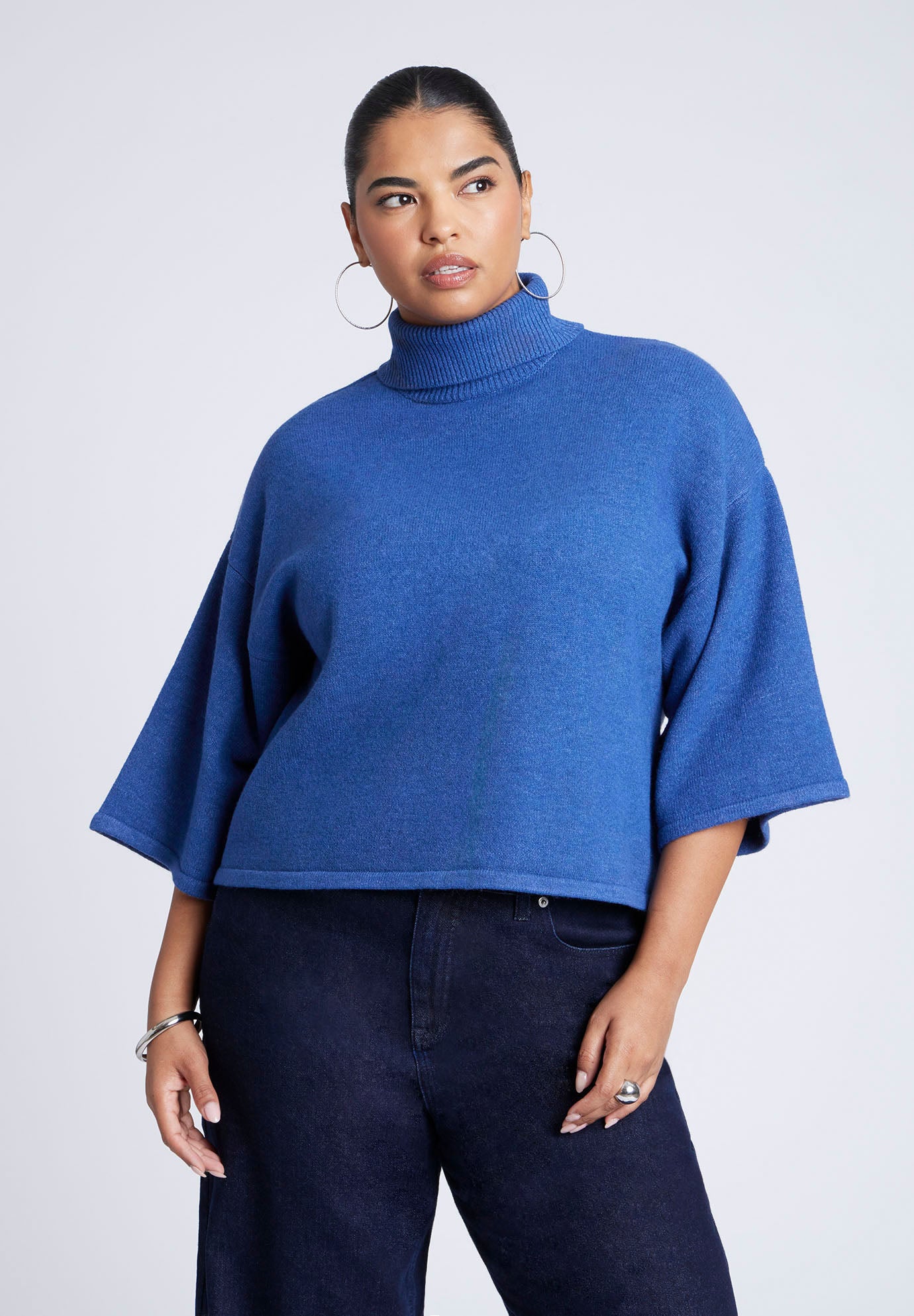 売れ筋商品|||エロクイ カットソー トップス レディース Women's Boxy Three Quarter Sleeve Turtleneck Storm blue Boxy Turtleneck Sweater with Three Quarter Sleeves, Storm