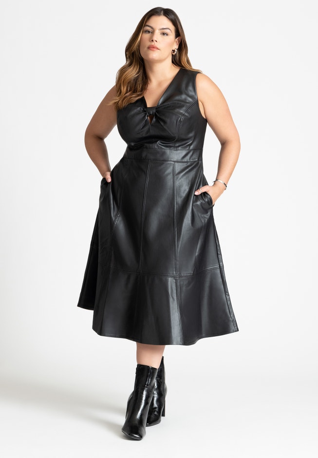 Faux Leather Knot Detail Flare Dress image number null