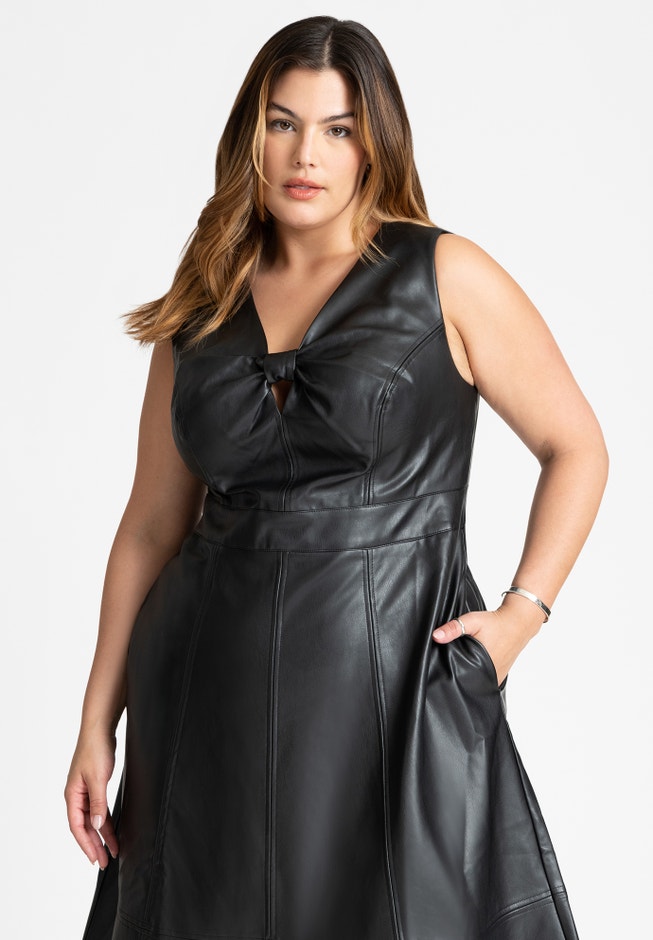 Faux Leather Knot Detail Flare Dress image number null