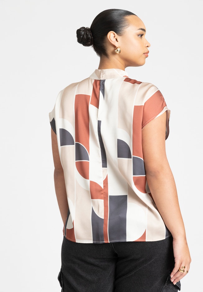 Satin Mock Neck Shell, Relaxed Fit Top, Geo Print | ELOQUII