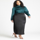 Strong Shoulder Draped Back Satin Blouse image number null