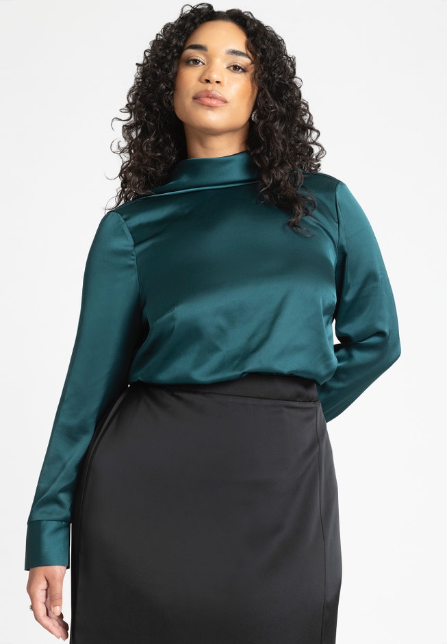 Strong Shoulder Draped Back Satin Blouse image number null