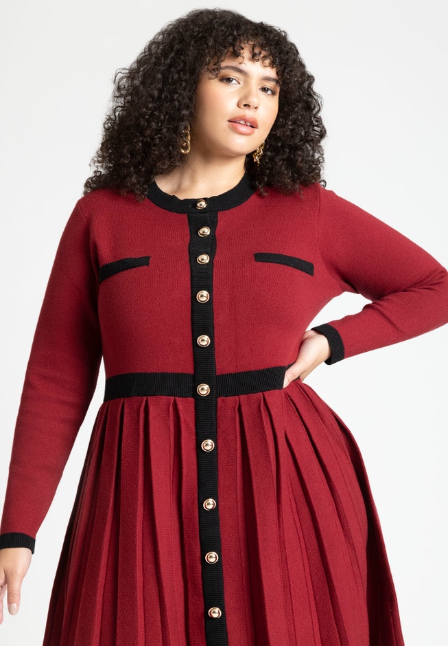 Sweater Pleated Skirt Dress With Gold Buttons image number 1