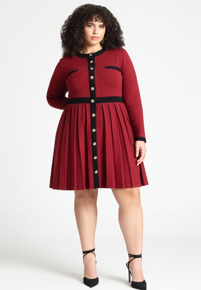 Sweater Pleated Skirt Dress With Gold Buttons image number 0