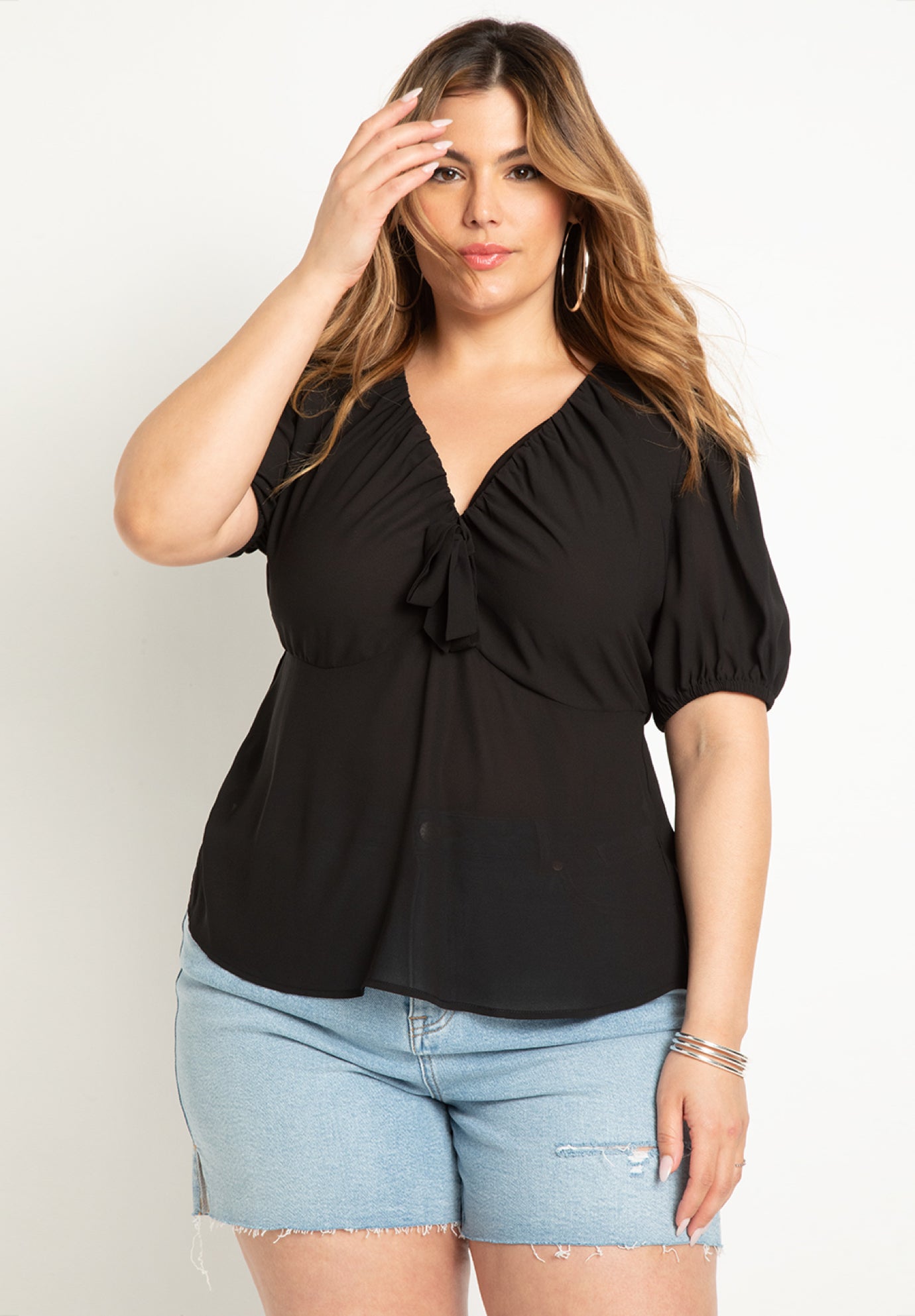 Tunnel Neck Blouse with Puff Sleeves - V-Neck, 4479023 | ELOQUII