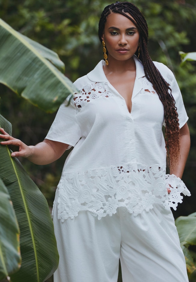 Lace Inset Short Sleeve Button Down image number null