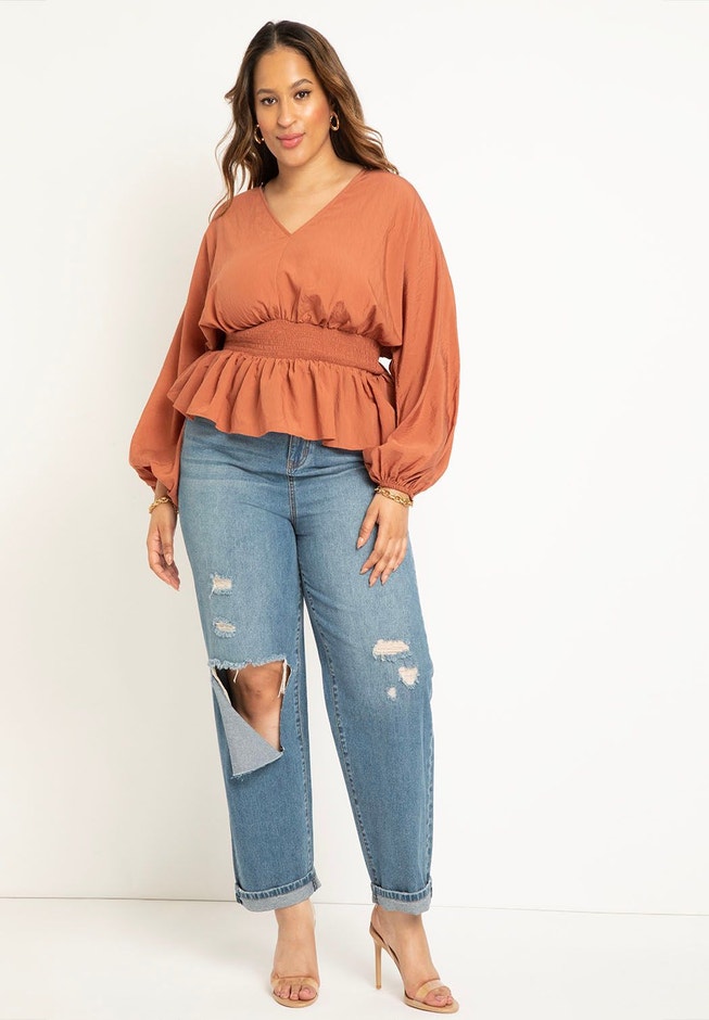 Smocked Waist Peplum Blouse image number 2