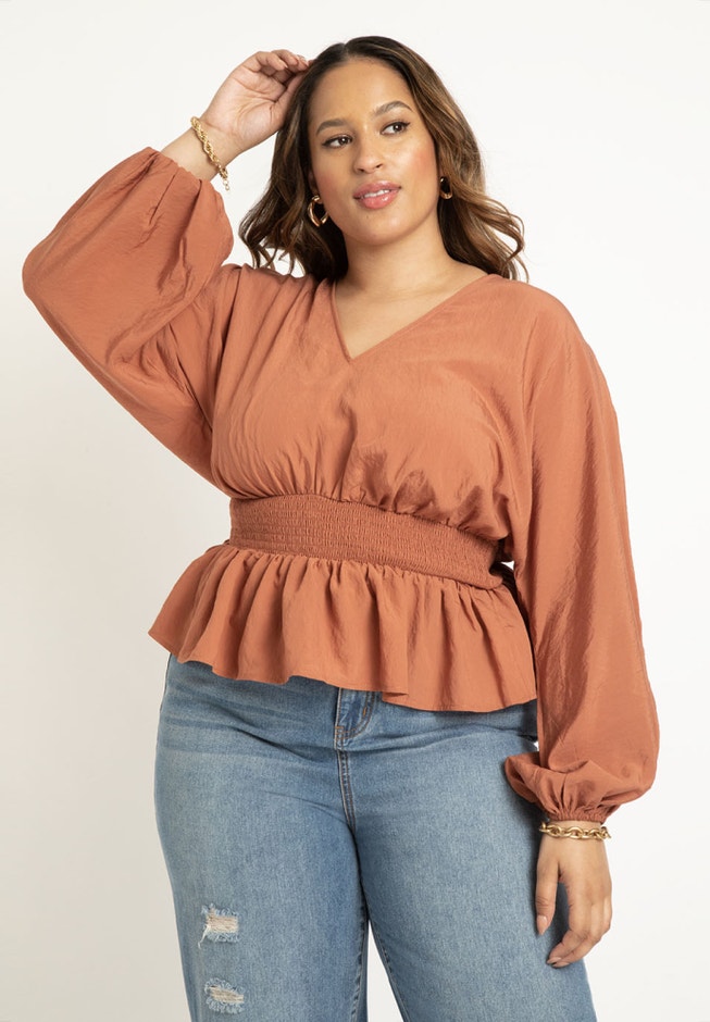 Smocked Waist Peplum Blouse image number null