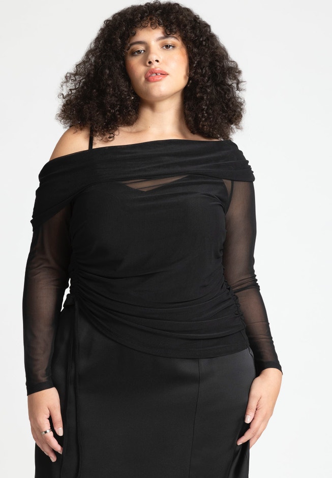 Off The Shoulder Shirred Mesh Top image number 0