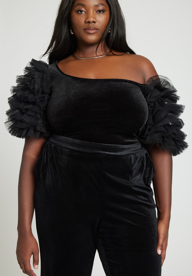 Puff Sleeve Tulle And Velvet Top image number 1