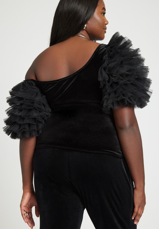 Puff Sleeve Tulle And Velvet Top image number 2