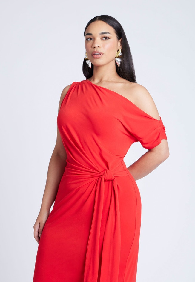 Off The Shoulder Tie Front Midi Dress | ELOQUII Off The Shoulder Tie Front Midi Dress | ELOQUII