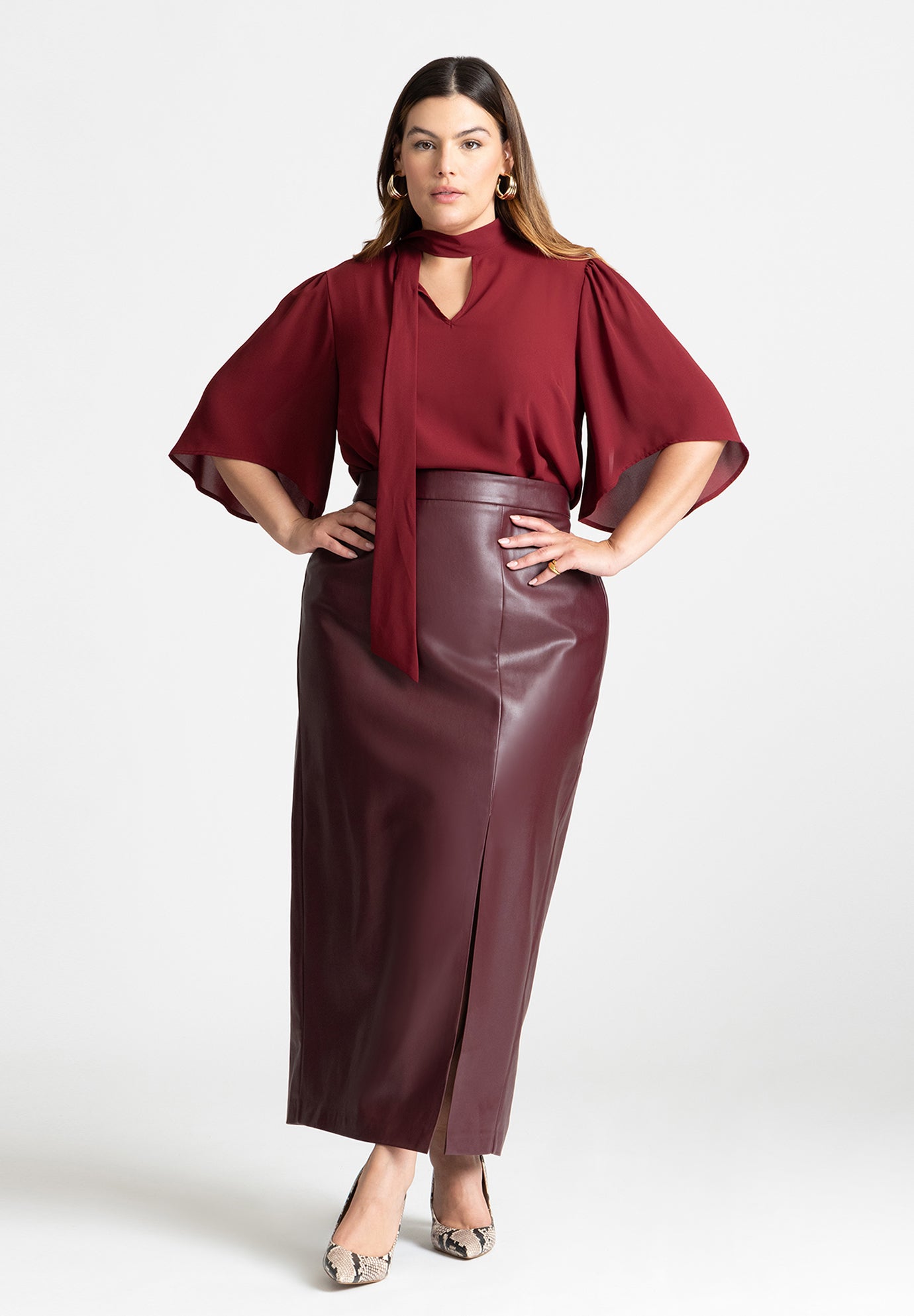 Bow Tie Blouse with Flutter Sleeve, Cabernet | ELOQUII