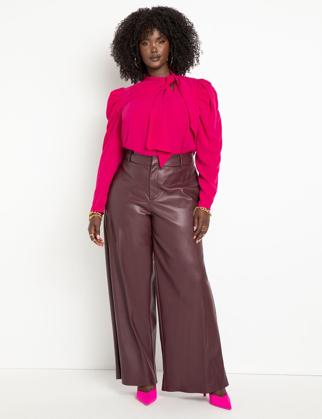 Puff Sleeve Drape Front Blouse - Tie Neck