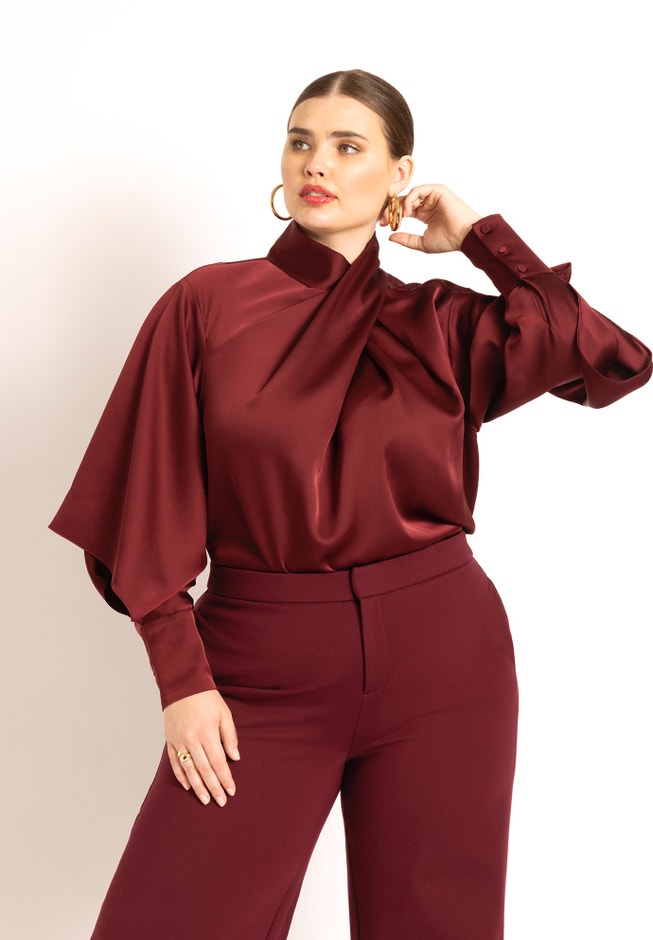 Draped Neck Satin Blouse Easy Fit High Neck, Zinfandel ELOQUII