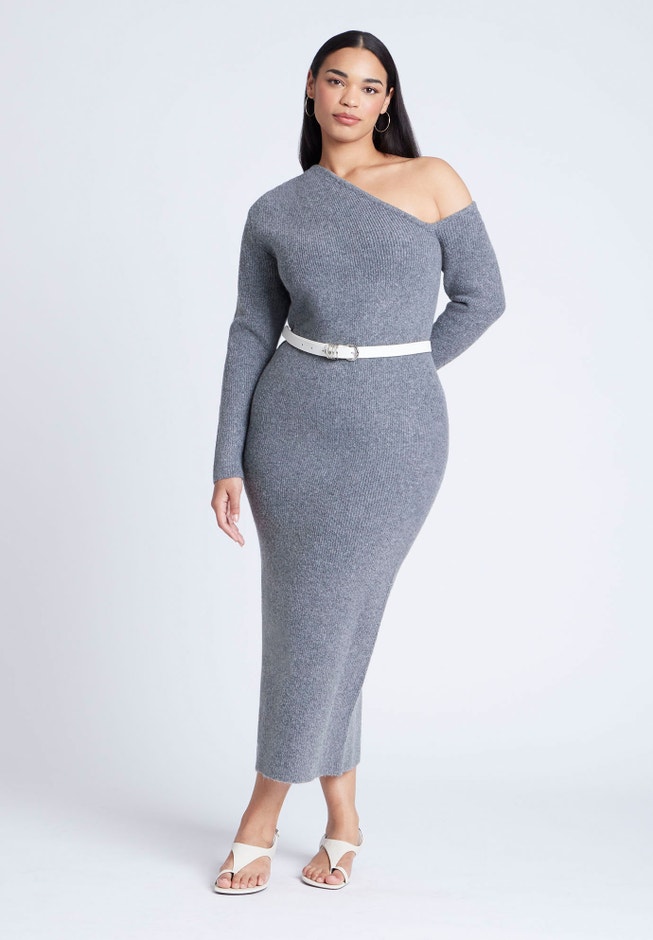 ELOQUII Women's Plus Size Off Shoulder Sweater Dress - Silver Pine ELOQUII Women's Plus Size Off Shoulder Sweater Dress - Silver Pine