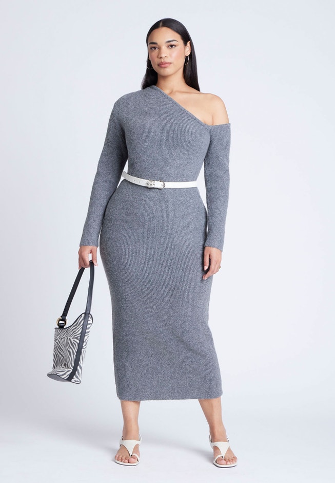 grey off shoulder sweater dress Sable Off-The-Shoulder Sweater Dress