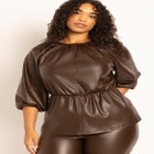 Faux Leather Peplum Puff Sleeve Top image number null