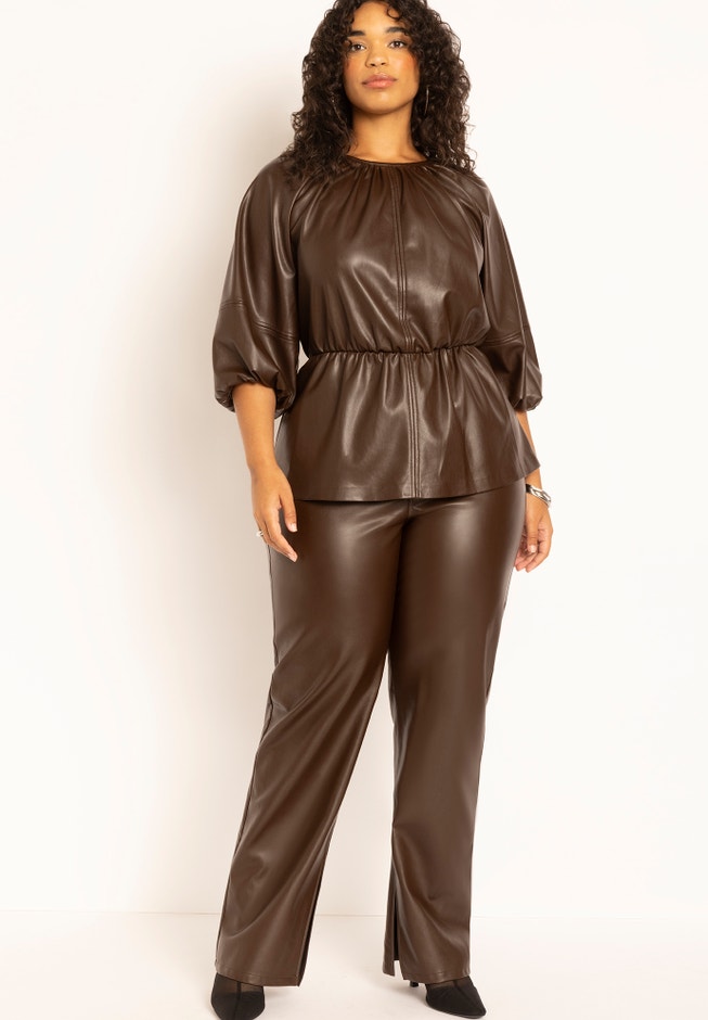 Faux Leather Peplum Puff Sleeve Top image number null