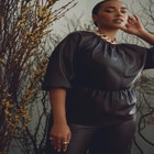 Faux Leather Peplum Puff Sleeve Top image number null