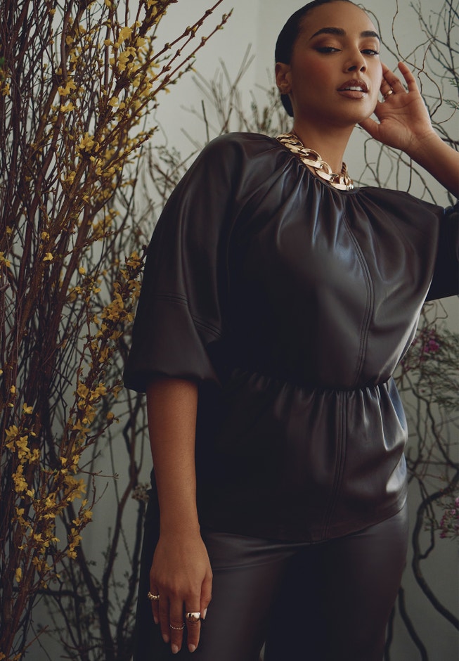 Faux Leather Peplum Top Puff Sleeve Model, 4473150 ELOQUII