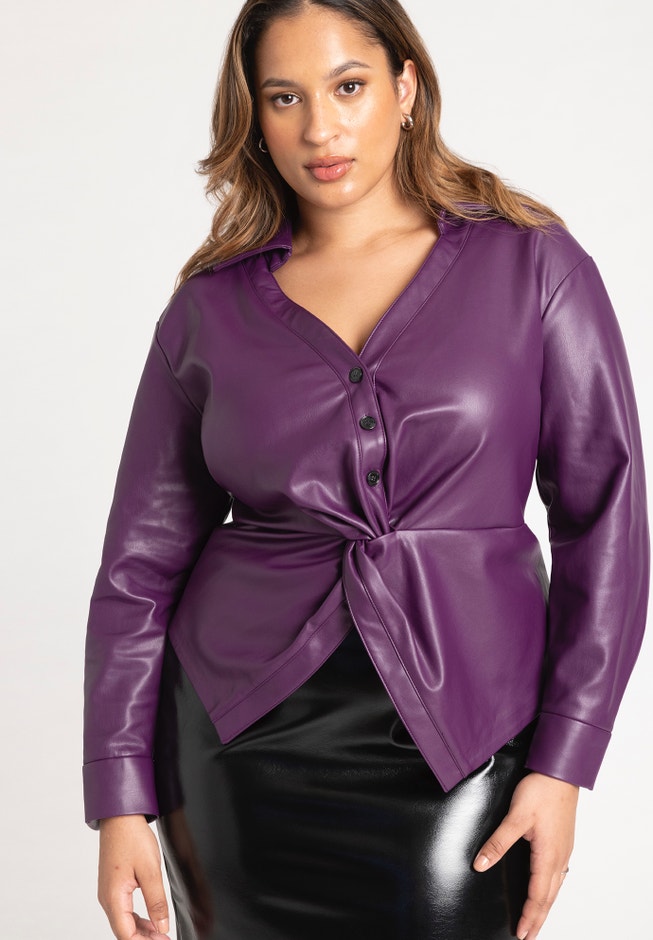 Faux Leather Long Sleeve Twist Top image number null