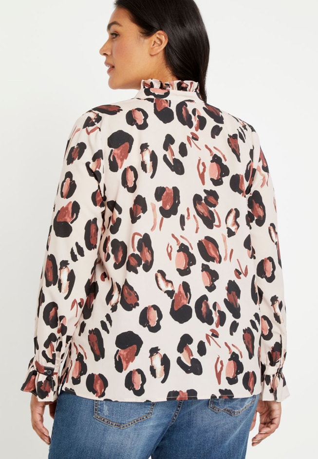 Printed Button Down Shirt with Ruffle Neck image number null