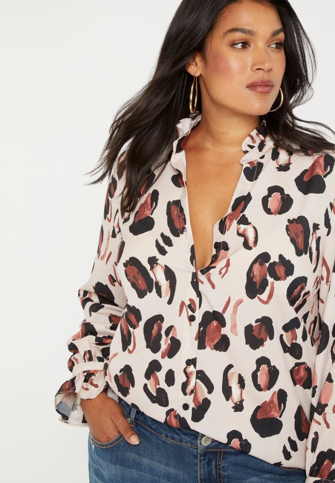 Printed Button Down Shirt With Ruffle Neck image number 0