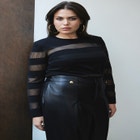 Sheer Stripe Sweater With Shoulder Pad image number null