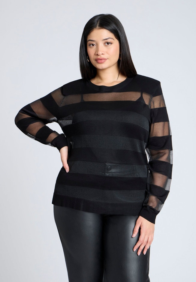 Sheer Stripe Sweater With Shoulder Pad image number 0
