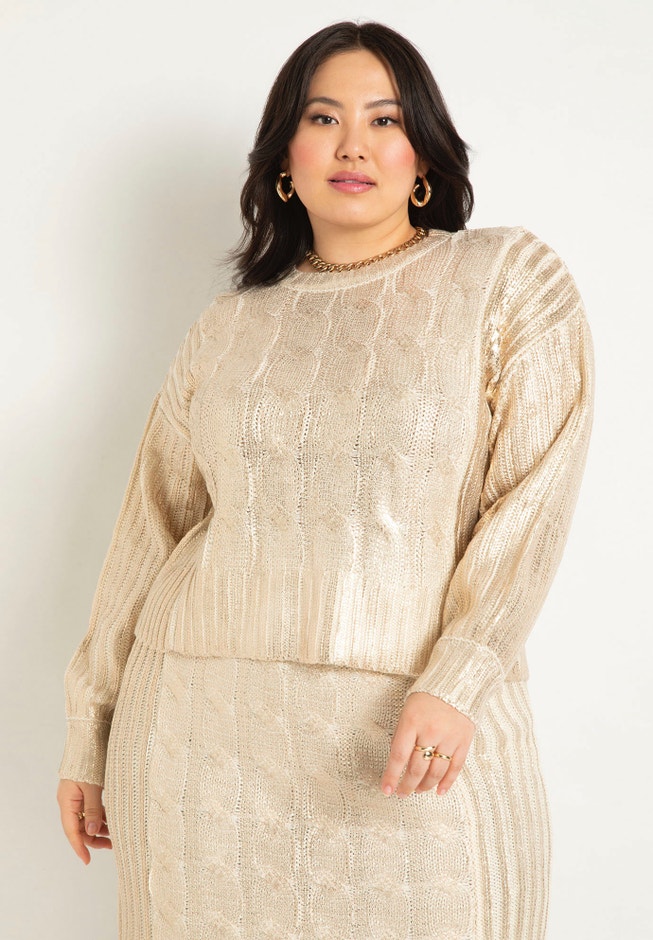 Metallic Cable Sweater image number null