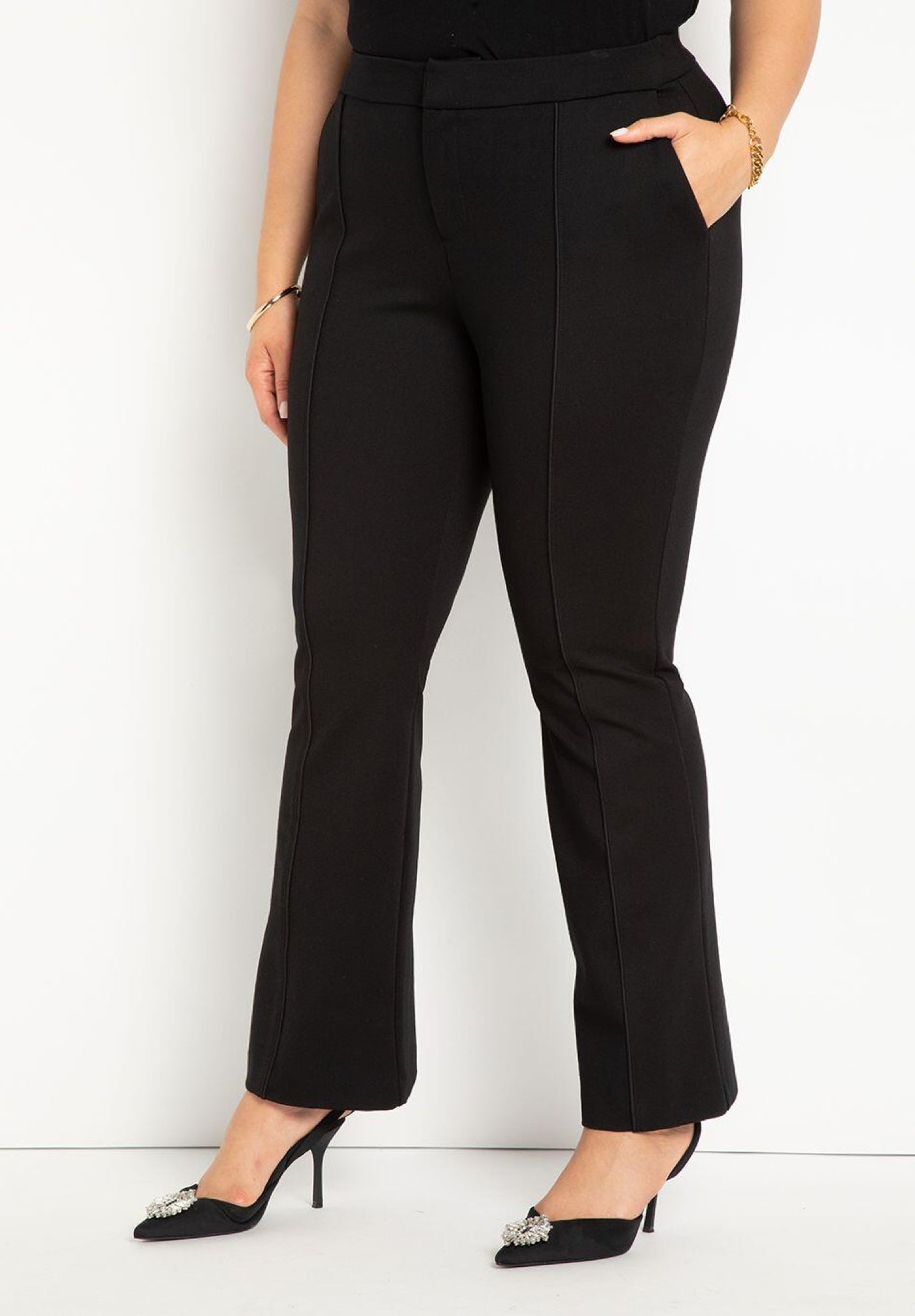High Waisted Flare Leg Suit Pants, Black | ELOQUII