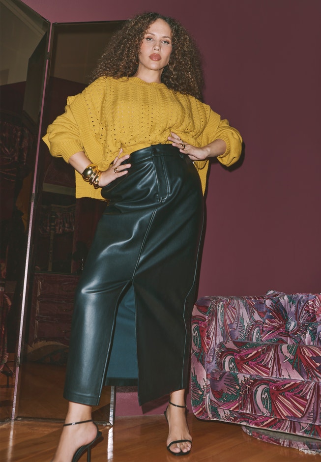 Faux Leather Column Skirt With Slit image number null