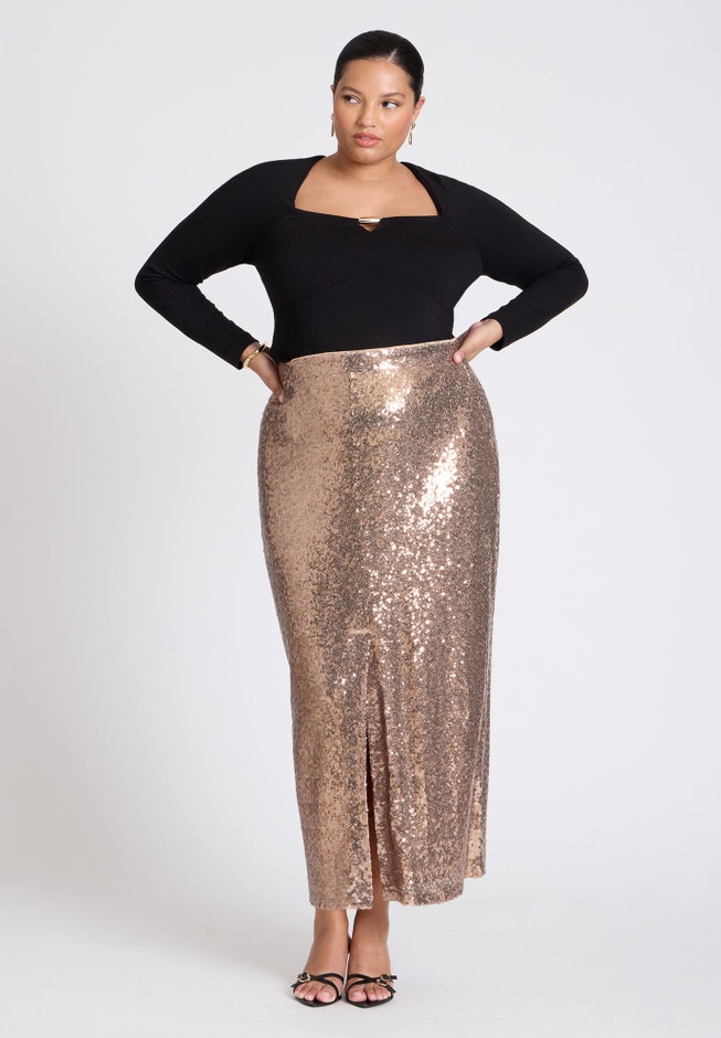Sequin Shimmer Maxi Skirt With Slit image number 0