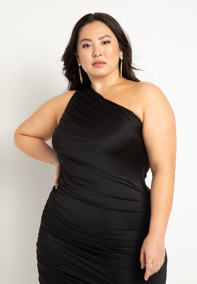 Eloquii Women's Plus Size Ruched One Shoulder Dress - Black Onyx Eloquii Women's Plus Size Ruched One Shoulder Dress - Black Onyx