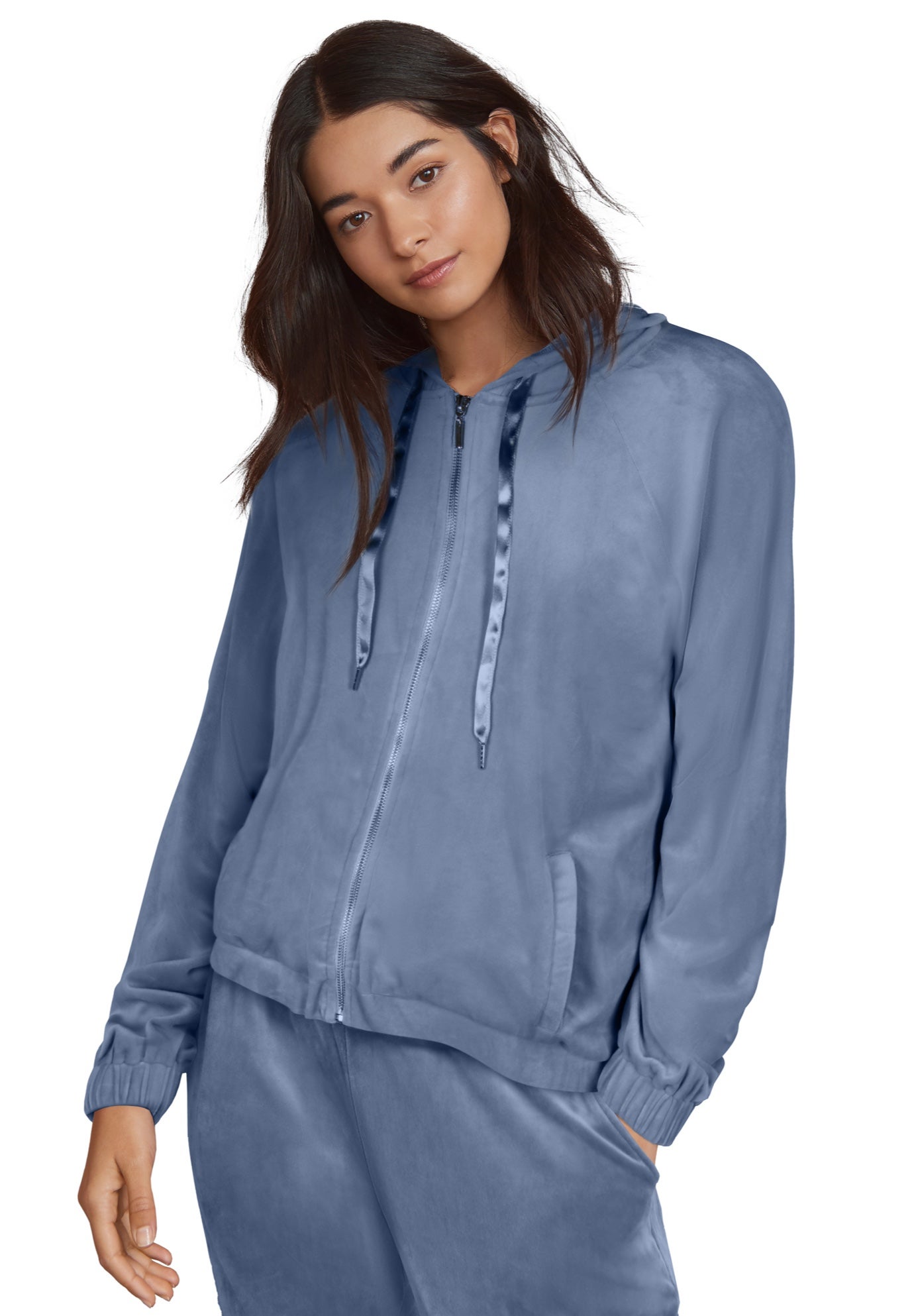 Stretch Velour Zip Front Long Sleeve Jacket With Hood image number 0