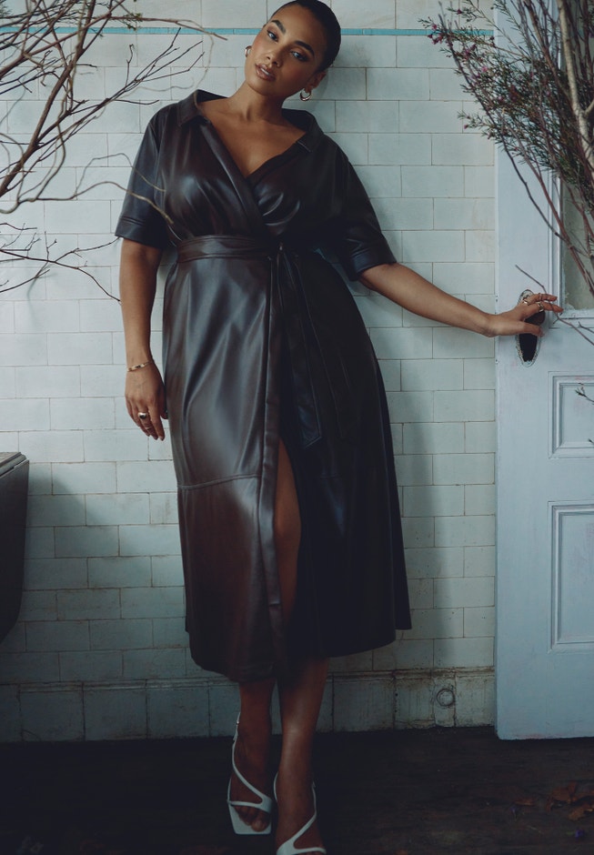Faux Leather Short Sleeve Wrap Dress image number 0