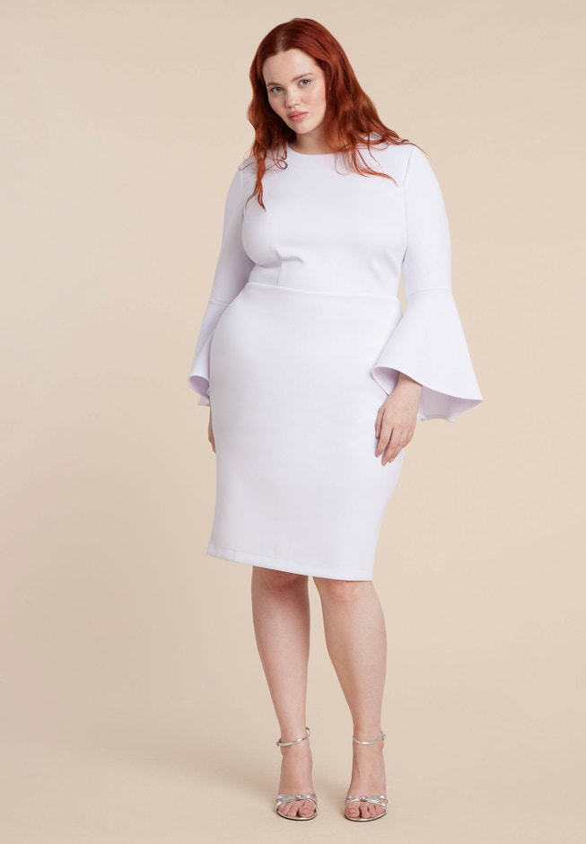 Flare Sleeve Scuba Dress - Midi Crewneck Style, White | ELOQUII Flare Sleeve Scuba Dress - Midi Crewneck Style, White | ELOQUII