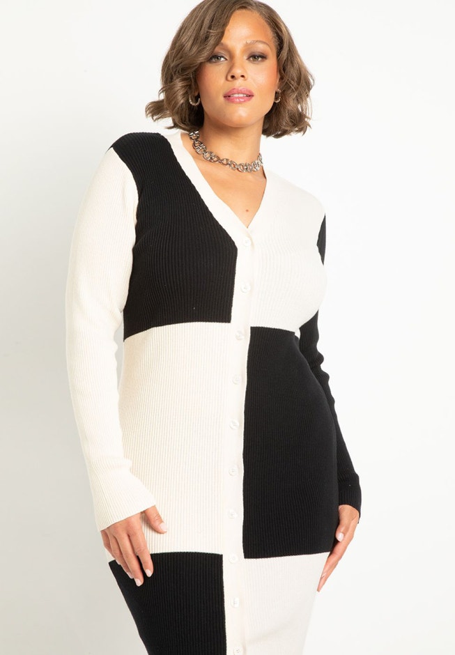 Colorblock Midi Cardigan Dress - Cotton Blend, Black Eggnog | ELOQUII
