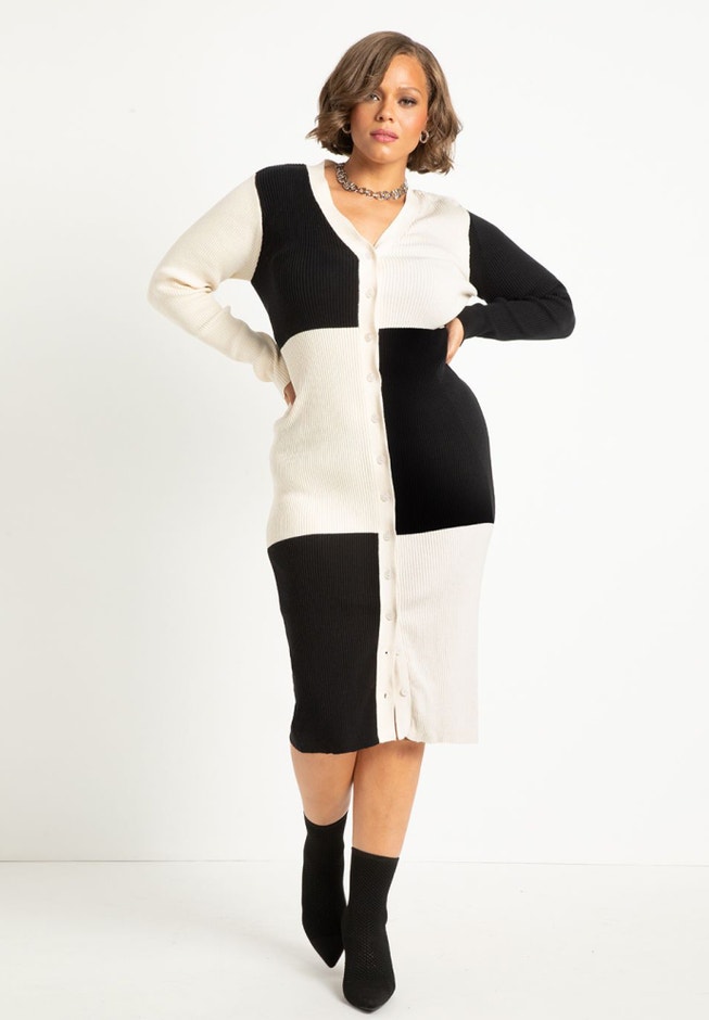 Colorblock Midi Cardigan Dress - Cotton Blend, Black Eggnog | ELOQUII