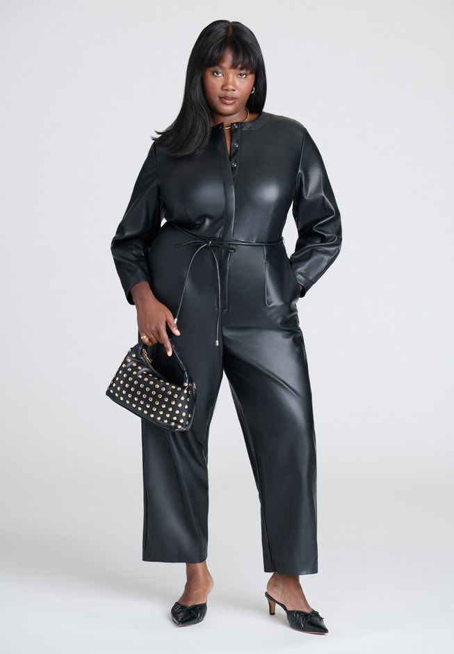 Faux Leather Jumpsuit With Tie image number 1