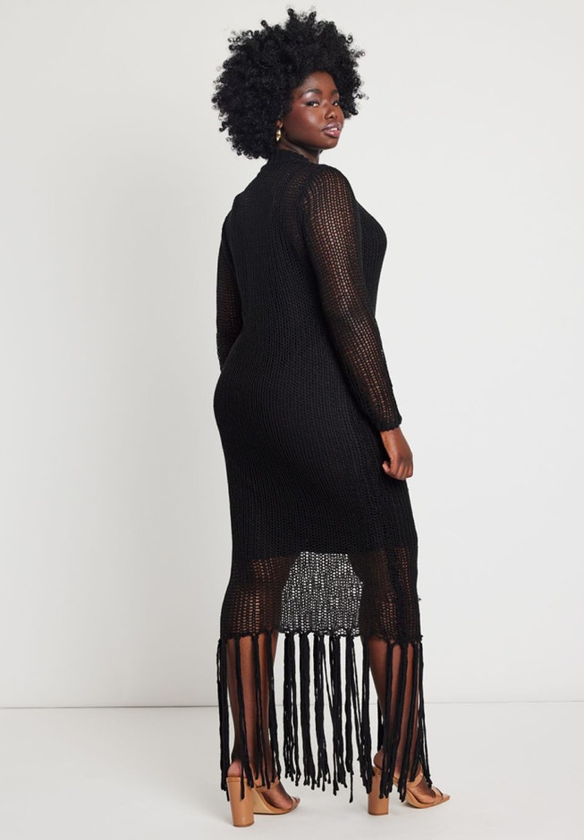 Open Stitch Dress With Fringed Hem image number 2