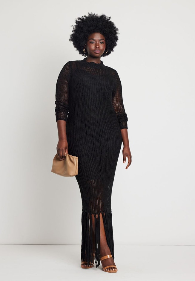 Open Stitch Dress With Fringed Hem image number 0
