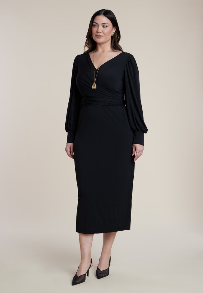 Cross Front Midi Dress - Close Fit Column Skirt, Totally Black | ELOQUII Cross Front Midi Dress - Close Fit Column Skirt, Totally Black | ELOQUII