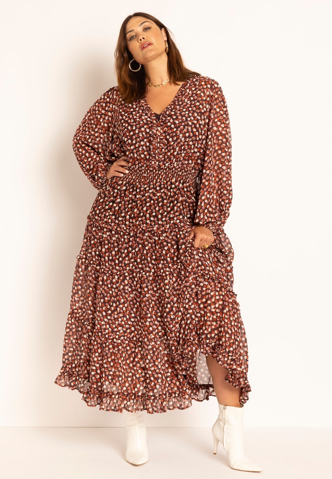Tiered Ruffle Midi Dress With Long Sleeves image number 1